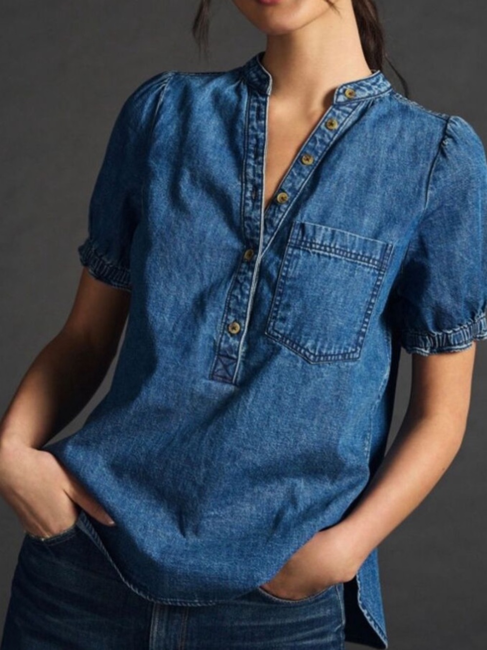 Pilcro Denim Short-Sleeve Pullover Blouse in Blue